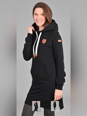 Wanakome Black Hoodie Dress with White Drawstrings and Tan Accents